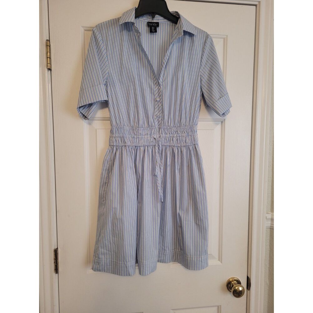 Nicole Miller New York Dress Small Blue White Striped Shirt Dress Tie Waist